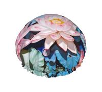 Bonnet de douche réutilisable avec fleurs de lotus pâles - Double couche imperméable, élastique, respectueux de l'environnement pour un usage quotidien