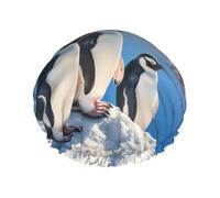 Bonnet de douche réutilisable avec imprimé pingouin et montagne enneigée - Pour femme - Grand bonnet de douche pour tresses, cheveux longs