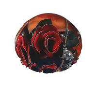 Bonnet de douche réutilisable avec imprimé rose vin rouge et bougie - Pour femme - Double couche - Garde les cheveux secs - S'adapte à toutes les têtes