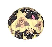 Bonnet de douche réutilisable avec motif carlin - Double couche - Non mouillant - Grande taille pour toutes les longueurs de cheveux