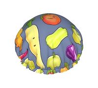 Bonnet de douche réutilisable avec motif de fruits et légumes de dessin animé, double couche, bonnet de douche non mouillant, grande taille pour toutes les longueurs de cheveux