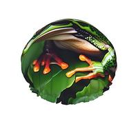 Bonnet de douche réutilisable avec motif grenouille et feuilles vertes, double couche, non mouillé, grande taille pour toutes les longueurs de cheveux