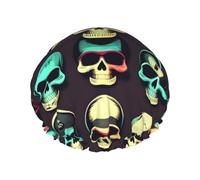 Bonnet de douche réutilisable avec motif tête de mort rétro, double couche, bonnet de douche non mouillant, grande taille pour toutes les longueurs de cheveux
