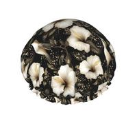 Bonnet de douche réutilisable double couche avec bande élastique pour cheveux longs, motif colibris et lys noirs et dorés