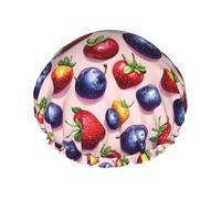 Bonnet de douche réutilisable double couche avec bande élastique pour cheveux longs Motif myrtille et fraise