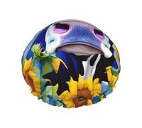 Bonnet de douche réutilisable en forme de vache avec tournesols en bleu, double couche pour la douche à l'eau non mouillée, grande taille pour toutes les longueurs de cheveux