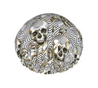 Bonnet de douche réutilisable, imperméable, double couche, élastique, à motif crâne doré et blanc et rose, pour toutes les longueurs de cheveux.