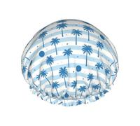 Bonnet de douche réutilisable, imperméable, double couche, élastique, à motifs de palmiers et de noix de coco bleus, pour toutes les longueurs de cheveux.