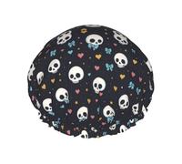Bonnet de douche réutilisable, imperméable, double couche, élastique, à motifs de têtes de mort, nœuds colorés et cœurs, pour toutes les longueurs de cheveux.