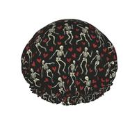 Bonnet de douche réutilisable, imperméable, double couche, élastique, avec motif squelette dansant et cœur, pour toutes les longueurs de cheveux.