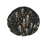 Bonnet de douche réutilisable, imperméable, double couche, élastique, avec squelette dansant et notes de musique, pour toutes les longueurs de cheveux.