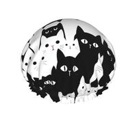 Bonnet de douche réutilisable, imperméable, double couche et élastique, à motifs de chats noirs et blancs, pour toutes les longueurs de cheveux.