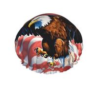 Bonnet de douche réutilisable motif aigle avec drapeau des États-Unis pour femmes cheveux longs, double couche
