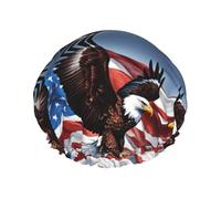 Bonnet de douche réutilisable motif aigle avec drapeau des États-Unis pour femmes cheveux longs, double couche