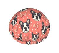 Bonnet de douche réutilisable pour femme - Double nœud rose - Motif bouledogue français - Bonnet de douche avec cordon élastique et doublure en PEVA