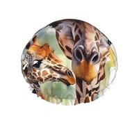 Bonnet de douche réutilisable pour femme - Imperméable - Double couche - Aquarelle - Cerf - Girafe - Bonnet de douche pour femme - Grande taille pour toutes les longueurs de cheveux