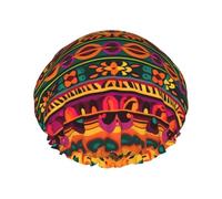 Bonnet de douche réutilisable pour femme - Imperméable - Double couche - Art folklorique mexicain bohème - Chapeau de douche pour femme - Grande taille pour toutes les longueurs de cheveux