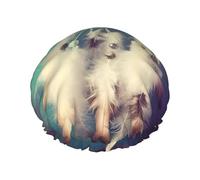 Bonnet de douche réutilisable pour femme - Imperméable - Double couche - Attrape-rêves blanc - Chapeau de douche à plumes pour femme - Grande taille pour toutes les longueurs de cheveux
