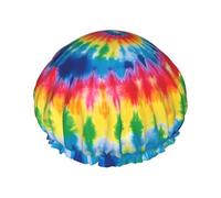 Bonnet de douche réutilisable pour femme - Imperméable - Double couche - Bonnet de bain à teinture par nœuds arc-en-ciel pour femme - Grande taille pour toutes les longueurs de cheveux