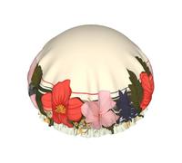 Bonnet de douche réutilisable pour femme - Imperméable - Double couche - Bonnet de bain plat circulaire floral - Couronne de printemps - Chapeau de douche pour femme - Grande taille pour toutes les