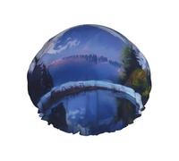 Bonnet de douche réutilisable pour femme - Imperméable - Double couche - Bonnet de bain pour cheveux - Montagne enneigée - Pour salon de spa - Grande taille pour toutes les longueurs de cheveux