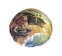 Bonnet de douche réutilisable pour femme - Imperméable - Double couche - Bonnet de bain pour cheveux - Paysage de bord de mer - Chapeau de douche pour femme - Grande taille pour toutes les longueurs
