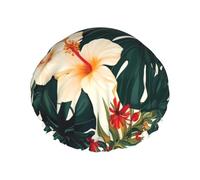 Bonnet de douche réutilisable pour femme - Imperméable - Double couche - Bonnet de bain pour cheveux tropicaux d'été hawaïens - Fleur de palmier - Chapeau de douche pour femme - Spa et salon de beauté