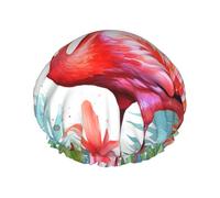Bonnet de douche réutilisable pour femme - Imperméable - Double couche - Flamant rose peint à la main - Chapeau de douche pour femme - Pour spa et salon de beauté - Grande taille pour toutes les
