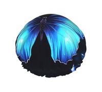 Bonnet de douche réutilisable pour femme - Imperméable - Double couche - Motif papillon bleu - Grande taille pour toutes les longueurs de cheveux