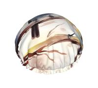 Bonnet de douche réutilisable pour femme - Imperméable - Double couche - Oiseaux se reposant sur une branche d'arbre - Chapeau de douche pour femme - Grande taille pour toutes les longueurs de cheveux