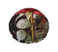 Bonnet de douche réutilisable pour femme - Imperméable - Double couche - Roses rouges et amour - Grande taille pour toutes les longueurs de cheveux