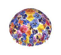 Bonnet de douche réutilisable pour femme, motif pensée tricolore, bonnet à cheveux double couche pour douche avec doublure en PEVA et corde élastique