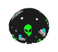 Bonnet de douche réutilisable pour femmes, Alien-ovni-vert, double bande élastique imperméable, chapeau de bain, ourlet extensible