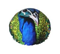 Bonnet de douche réutilisable pour homme et femme - Grand bonnet de douche imperméable et lavable - Bleu paon - Bande élastique double couche pour cheveux longs, tresses