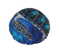 Bonnet de douche réutilisable pour homme et femme - Grand bonnet de douche imperméable lavable - Bonnet de bain bleu tortue de mer - Bande élastique double couche pour cheveux longs, tresses