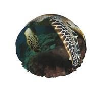Bonnet de douche réutilisable pour homme et femme - Grand bonnet de douche imperméable lavable - Bonnet de bain tortue de mer - Bande élastique double couche pour cheveux longs, tresses