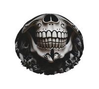 Bonnet de douche réutilisable pour homme et femme - Grand bonnet de douche imperméable lavable - Tête de mort noire et blanche - Bande élastique double couche pour cheveux longs, tresses