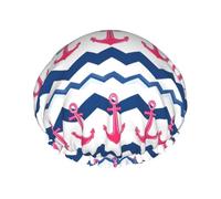 Bonnet de douche rose avec motif ancre et vagues pour femme, réutilisable, double couche, bande élastique, bonnet de bain pour cheveux longs pour douche