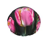 Bonnet de douche rose et tulipes pour douche à l'eau non mouillant, double couche réutilisable, bonnet de douche pour cheveux longs