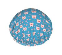 Bonnet de douche rose mignon avec des cochons et des cœurs, réutilisable, imperméable, double couche, élastique, pour toutes les longueurs de cheveux