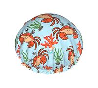 Bonnet de douche Sea Crab Blue Stripes Bonnets de bain réutilisables pour femmes cheveux longs, double couche imperméable bain douche chapeau protecteur de cheveux pour enfants filles hommes