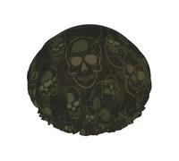 Bonnet de douche vert armée avec tête de mort souriante, réutilisable, imperméable, double couche élastique, pour toutes les longueurs de cheveux