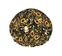 Bonnet de douche vintage avec imprimé cerf, tête de mort, tournesol, pour femme, réutilisable, double couche, bande élastique, bonnet de bain pour cheveux longs pour douche