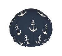 Bonnet de douche vintage avec motif ancre blanche pour femme, réutilisable, double couche, bande élastique, bonnet de bain pour cheveux longs pour douche