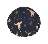 Bonnet de douche vintage imprimé crâne taureau pour femme, réutilisable, double couche, bande élastique, bonnets de bain pour cheveux longs pour douche