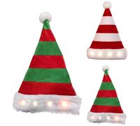 Bonnet de Noël Lumineux à Rayures, Pompon Blanc, LED Intégrées | rayures rouge et vert ou rouge et blanc, LED sur le bord, pompon blanc, bordure en peluche