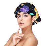 Bonnet de nuit en satin doux pour femme - Imprimé planète, réglable et respirant pour cheveux longs, idéal pour l'heure du coucher, le soin des cheveux et un sommeil confortable, noir, taille unique