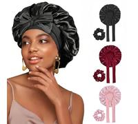 Bonnet de Nuit en Satin Lot de 3 - Charlotte Cheveux Nuit pour Cheveux Bouclés & Frisés, Taille Universelle Confortable avec Bande Élastique, Inclus 3 Chouchous Assortis, Noir/Rouge/Rose