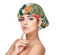 Bonnet de nuit en satin pour adulte Motif feuilles d'hibiscus Vert 33 cm, noir, taille unique