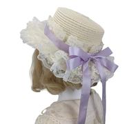 Bonnet de paille respirant confortable sur le thème victorien avec bordure en dentelle et nœud papillon pour cosplay, rassemblements, jardin, violet clair, Taille unique